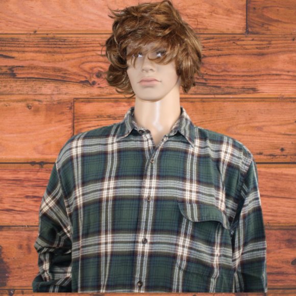 Eddie Bauer Dark Green/White Button Down Flannel Large - Picture 3 of 8